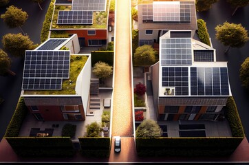 Aerial Solar Panels On Homes Concept Backdrop Generative AI