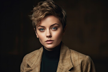 Young Woman with Short Hair Posing in Jacket
