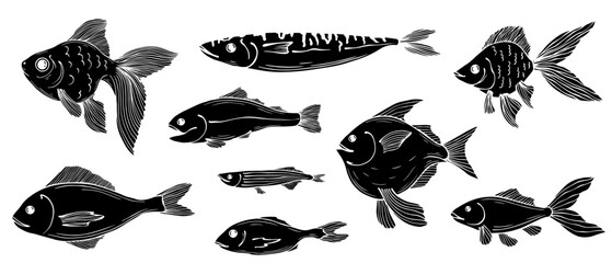 Set of silhouettes,doodles of various fishes. Vector graphics.