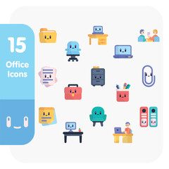 Set of colored cute office icons Vector illustration