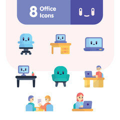 Set of colored cute office icons Vector illustration