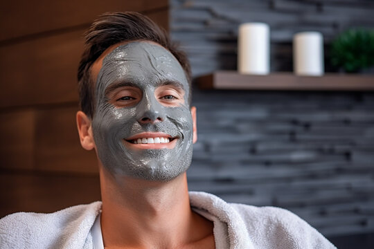 Portrait of a handsome man with a clay facial mask in spa. High quality photo