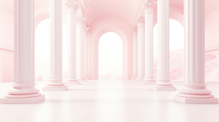Schönes architektonisches weißes Panoramageländer mit Schatten von Säulen. Abstrakter heller Hintergrund.  weise beruhigende Pastel farben. Generative AI