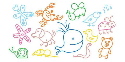 Set of funny doodle animals. Children's colorful line drawn funny characters. Kindergarten vector illustration