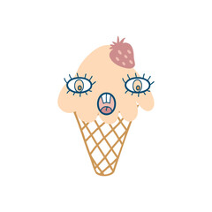 Scared face strawberry ice cream cone character with doodle eyes. Perfect print for tee, sticker, poster. Retro style vector illustration for decor and design.