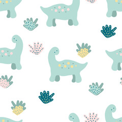Summer seamless pattern with dinosaurs and plants. Animalistic print for tee, textile and fabric. Hand drawn vector illustration for decor and design.