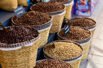 coffee beans in bags on the market
