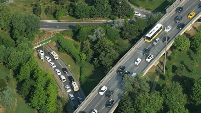 Aerial view of highway road multilevel junction in istanbul 