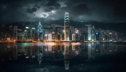 Fototapeta na wymiar Modern skyline illuminates waterfront cityscape, reflecting growth and development generated by AI