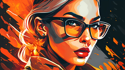 
Illustration of a mysterious woman spy with glasses, action scene illustration.
