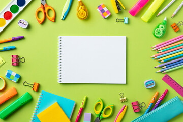 Fototapeta na wymiar Back to school concept. Blank paper notepad mockup with school supplies on green background.