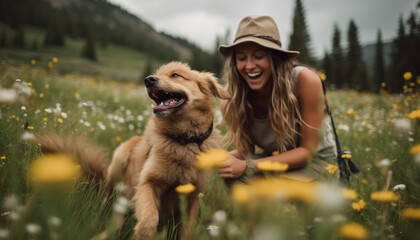 Two women playing with cute dog in sunny meadow outdoors generated by AI