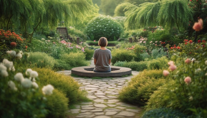 Serene people meditating in tranquil green garden, surrounded by nature generated by AI
