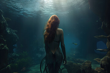 A black-skinned mermaid with dark hair floating under the water. Generative AI