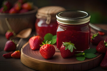 Strawberry jam in the glass jar with berries