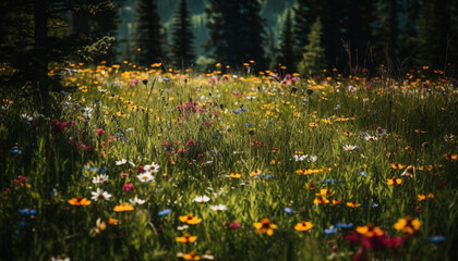 Vibrant wildflowers bloom in tranquil meadow, autumn foreground focus generated by AI