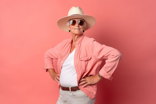 senior woman with sunglasses and a straw hat posing looking happy in front a seamless background