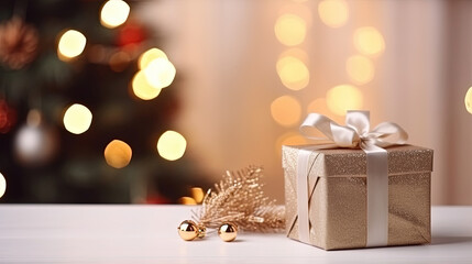 Christmas coziness in a room on a light background, with lights and branches of a Christmas tree and a gift with a red bow on the table, space for text