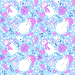 Poster Christmas snowman seamless candy and flower and gift box and gloves pattern for wrapping paper and fabrics © Tetiana