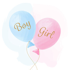 Gender reveal banner with blue and pink watercolor balloons. Boy or girl. He or She. Vector illustration	