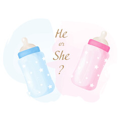 Gender reveal banner with blue and pink watercolor feeding bottles. Boy or girl. He or She. Vector illustration	