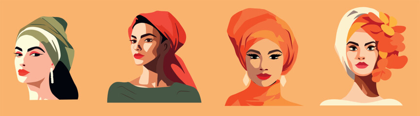 Vector flat illustration of a woman of different cultures and nationalities. Vector concept of a woman in a turban shawl headdress. Social media avatar icons icons