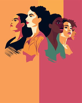 Vector flat postcard vertical banner poster space for text for International Women's Day strong women of different cultures and nationalities stand side by side together. Vector concept 