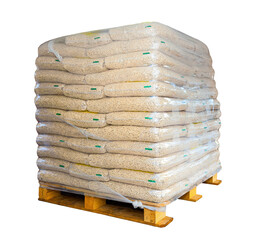 Pallets of wood pellets in plastic bags isolated on white background. - 617945792