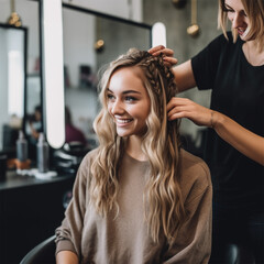 Naklejka premium young cheerful woman client during work of master with hair in beauty salon. Social media content for beauty salons.Generative AI