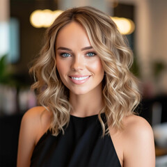 Fototapeta premium portrait of a young woman in a beauty salon after visiting the hairdresser. social media content for beauty salons. Generative AI 