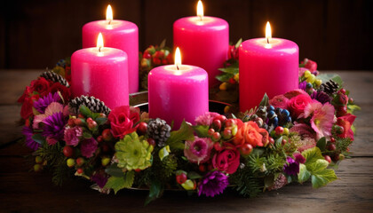 Obraz na płótnie Canvas Romantic candle bouquet illuminates celebration with natural spirituality and warmth generated by AI