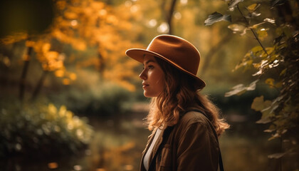 Young adult woman enjoys autumn outdoors in tranquil forest scene generated by AI