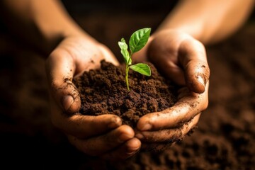 Plant sprout in hands with soil. Background with selective focus. AI generated, human enhanced