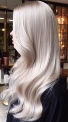 young woman with perfect blond hair in wavy styling in beauty salon after service.back view. Banner or poster. Social media content for beauty salons. Generative AI