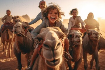 Children on camels in the desert. Background with selective focus and copy space. AI generated, human enhanced