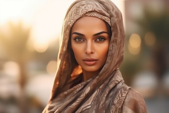 Portrait of an Arab woman. Background with selective focus and copy space. AI generated, human enhanced