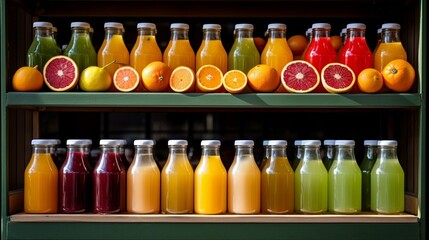 Juicy fruits adorning colorful juice bottles.