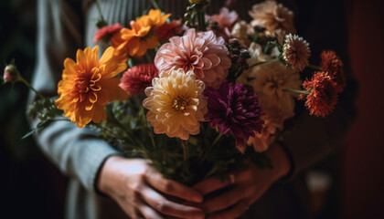 One person holding multi colored bouquet, gift of nature beauty generated by AI