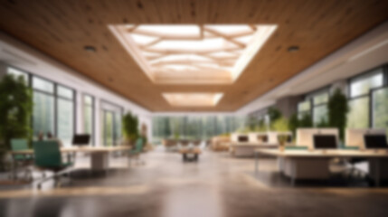 Blurred large modern office workspace in the morning , interior workplace with cityscape for business presentation background AI generated