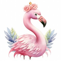 Cute watercolor flamingo princess. Illustration AI Generative