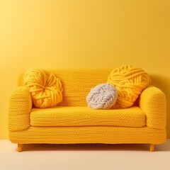 Furniture and decor made of threads of yellow yarn. Room design.
Generative AI