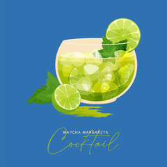 Matcha margarita cocktail isolated on green background. Summer Alcoholic Drink based on citrus, green tea, tequila and honey syrup. Vector illustration Fresh beverage with ice cube