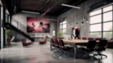 Naklejka na ściany i meble Blurred large modern office workspace in the morning , interior workplace with cityscape for business presentation background AI generated