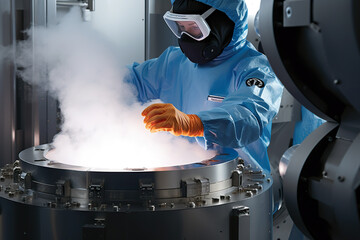 A man in a protective suit and goggles working on a machine. Generative AI. Unrecognisable workers in protective wear working in cryogenic storage room.