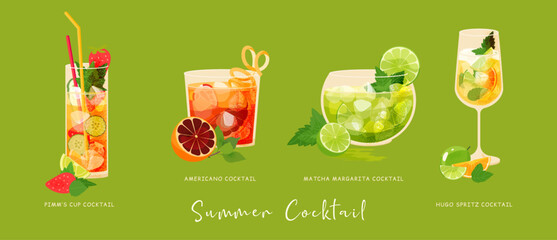 Set of four summer cocktails drinks collection. Vector illustration of refreshing beverage with ice, margarita, gin, prosecco, Matcha, vermouth, lime, orange, strawberry and cucumber
