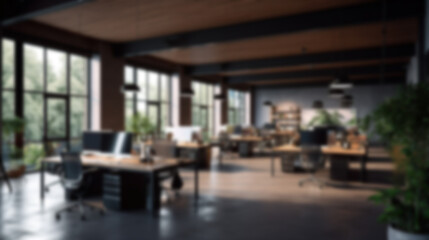 Blurred large modern office workspace in the morning , interior workplace with cityscape for business presentation background AI generated