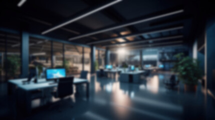 Blurred large modern office workspace in the morning , interior workplace with cityscape for business presentation background AI generated