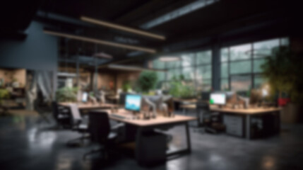 Fototapeta premium Blurred large modern office workspace in the morning , interior workplace with cityscape for business presentation background AI generated