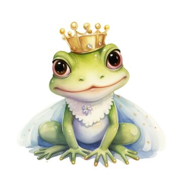 Watercolor cute princess frog. Illustration AI Generative.