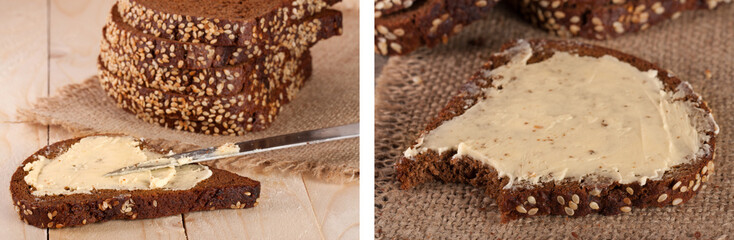 slices of black bread with sesame seeds and butter on a light wooden background
